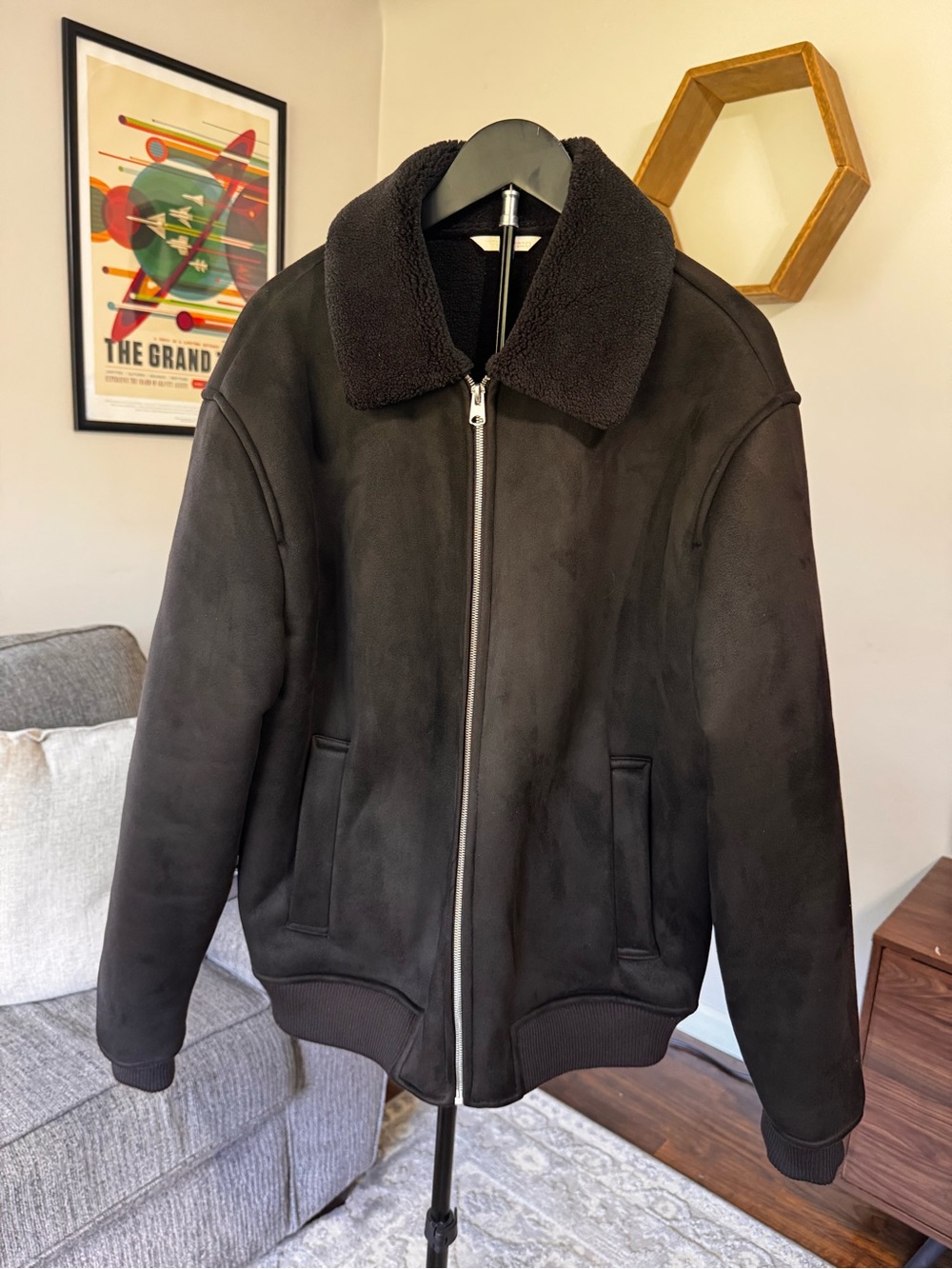 Zara Men’s XL Black Faux Suede Sherpa Lined Aviator Bomber Jacket